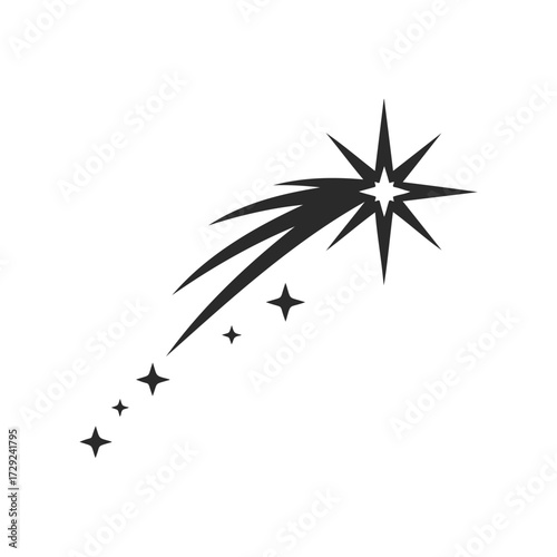 Black shooting star icon on white background: simple minimalist design