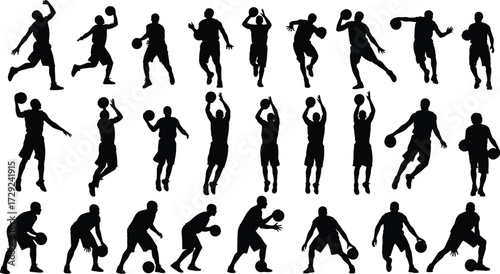 Basketball player silhouettes in dynamic action poses — dribbling, shooting, jumping; black vector icons perfect for sports, team, gym, or athletic design projects with SEO-rich Adobe Stock keywords.