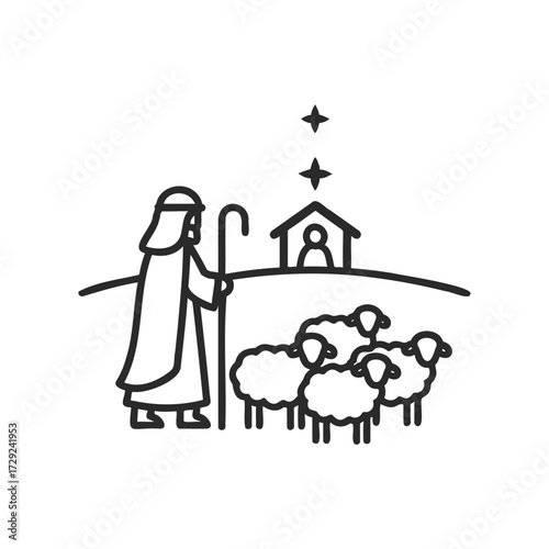 Nativity scene with shepherd watching over sheep and star