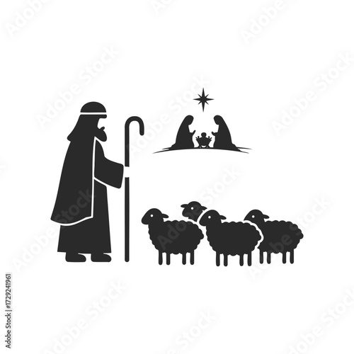 Silhouette of shepherd and nativity scene with sheep in black and white