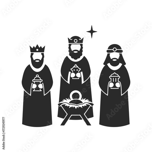 Silhouette of three wise men with baby jesus in manger and star illustration