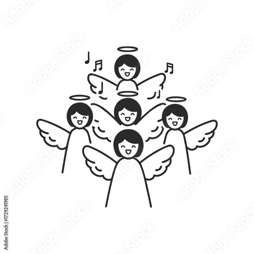 Group of cartoon angels singing with music notes