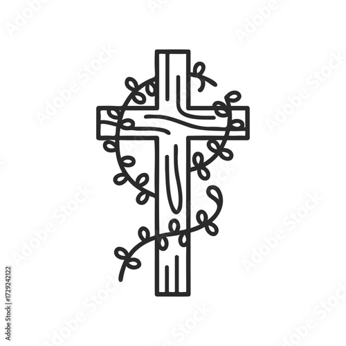 Wooden cross with vine outline - religious symbol and nature integration