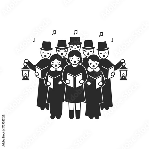 Group of cartoon carol singers with lanterns and sheet music