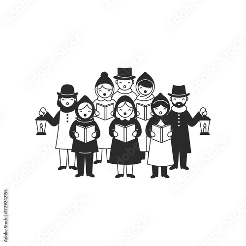 Vintage carolers illustration: group of adults and children singing in winter attire