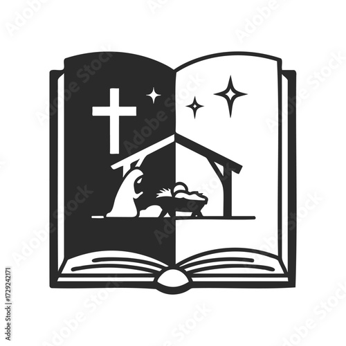 Black and white nativity scene illustration in open bible with stars and cross
