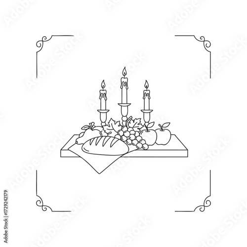 Elegant still life with candles, grapes, bread, and apples on a wooden board
