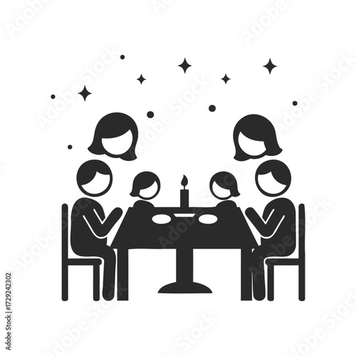 Family dinner gathering with people praying around table icon