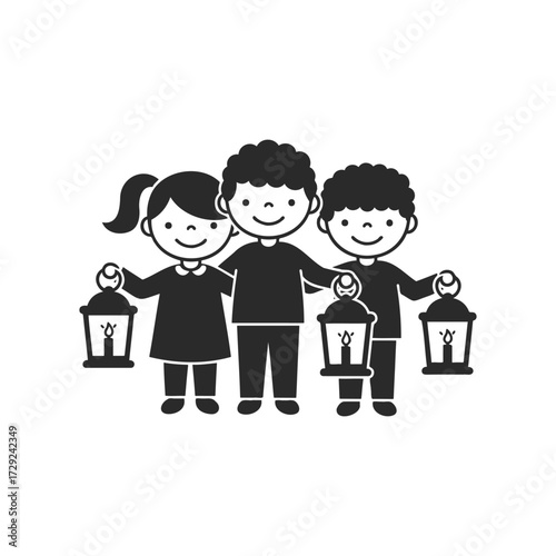Silhouette of children with lanterns: two boys and a girl smiling