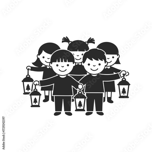 Group of caucasian children holding lanterns with tree design