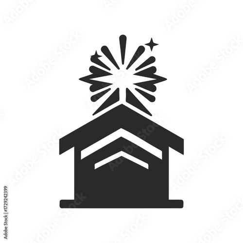 Minimalist black nativity scene icon with starburst on white background