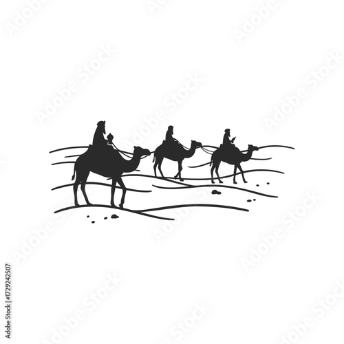 Silhouettes of camels and riders traversing the desert landscape