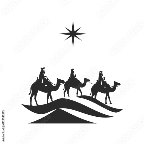 Three wise men on camels silhouette under starry night in desert scene