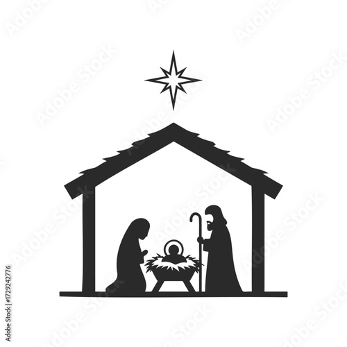 Silhouette nativity scene with star: mary, joseph, and baby jesus