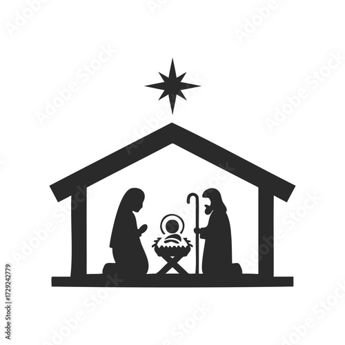Silhouette of nativity scene: mary, joseph, and baby jesus with star