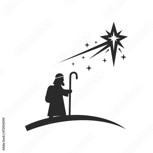 Silhouette of shepherd following north star in night sky