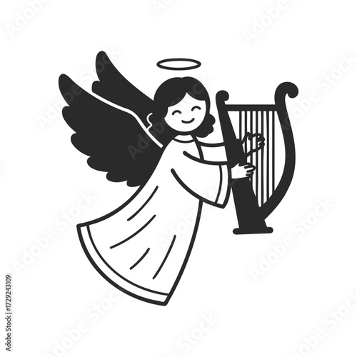 Smiling cartoon angel playing harp with halo and wings
