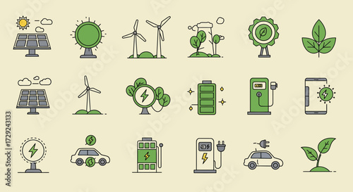 An inspiring flat design illustration showcasing a set of icons representing various renewable energy technologies and sustainable power solutions. This visual emphasizes environmental responsibility 