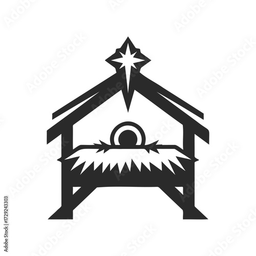Silhouette of nativity scene with baby jesus in manger and star