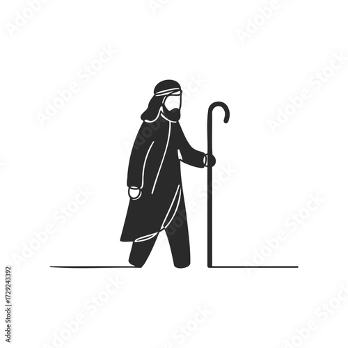 Silhouette of bearded male shepherd holding staff in traditional robe