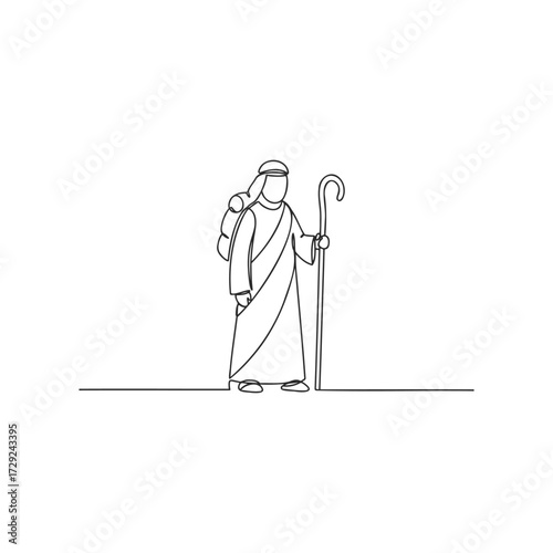 Minimalist line art: traveler with staff and backpack