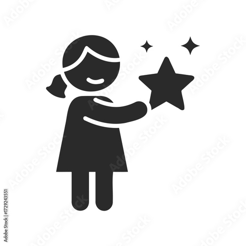 Black silhouette of young caucasian female holding star icon in hand with sparkles