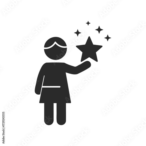 Female child holding star icon with sparkles on white background