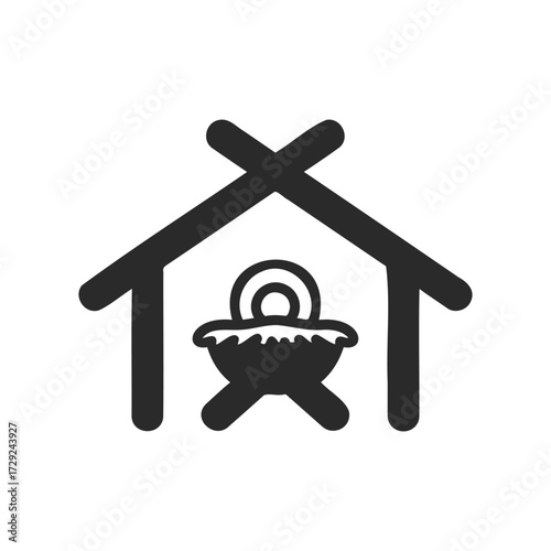 Simple nativity scene icon with manger under stable roof
