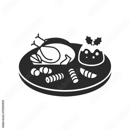 Silhouette of traditional christmas feast with roast turkey, pudding, and candy canes
