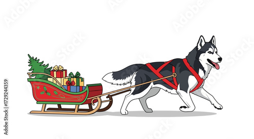 Husky pulling sled filled with with Christmas presents and a decorated