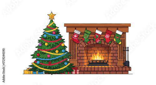 Cozy Christmas scene features a decorated tree with presents