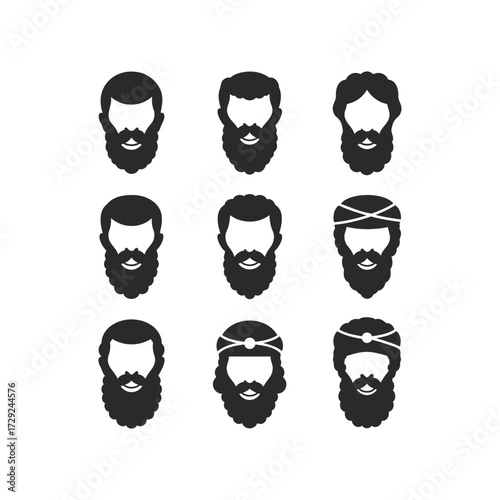 Set of diverse male beard styles and head coverings silhouettes