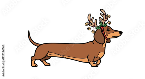 Cartoon  Dog Wearing Reindeer Antlers with Christmas Bells on White Background