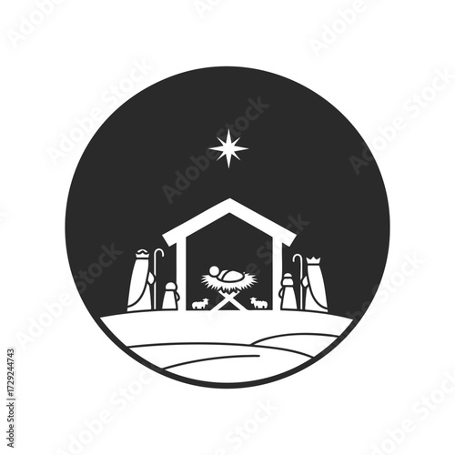 Minimalist nativity scene with star in black circle