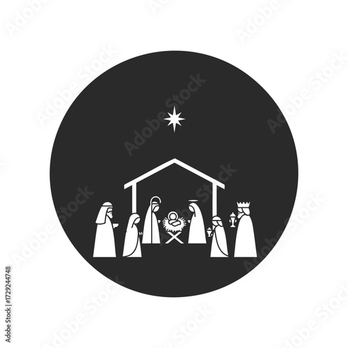 Simple black and white nativity scene with star and characters