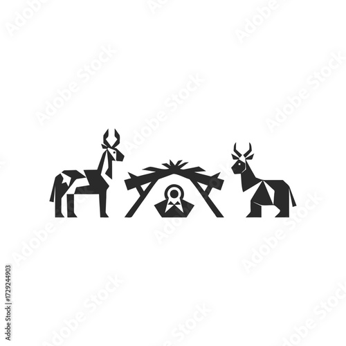 Nativity scene silhouette with geometric animals and manger
