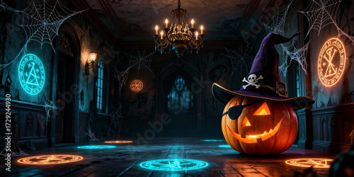 Spooky Halloween Theme with Pumpkin Wearing Witch Hat in Dark Mansion Interior with Glowing Runes