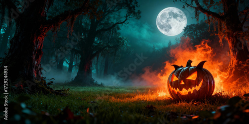 Spooky Jack O Lantern with Glowing Orange Light in Dark Forest Under Moonlight