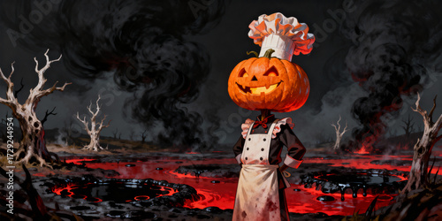 Spooky Pixelated Pumpkin Chef Stands in Lava Field with Black Smoke and Dead Trees at Night