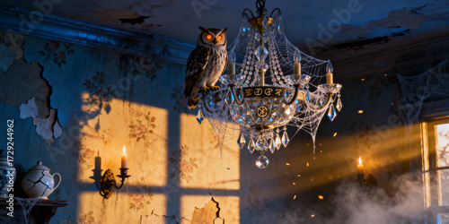 Spooky Interior with Owl Perched on Chandelier in Dimly Lit Room with Decaying Wallpaper and Cobwebs with Warm Light