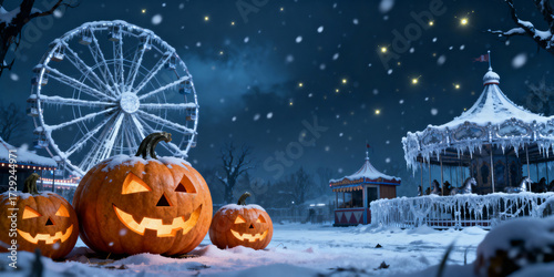 Three Illuminated Jack O Lanterns in Snowy Fairground Scene at Night