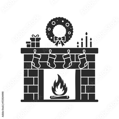 Christmas fireplace with wreath, stockings, and gifts in silhouette style