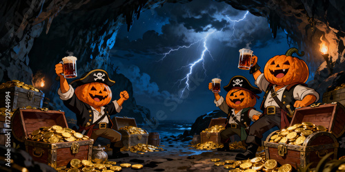Three Pumpkin Head Pirates Toasting Beer in a Dark Cave with Golden Treasure and Lightning at the Horizon