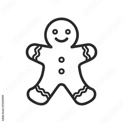 Line art gingerbread man icon with smiling face and buttons