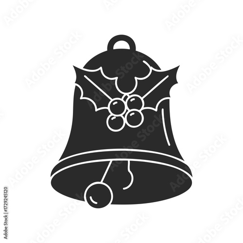 Black and white christmas bell with holly and berries icon