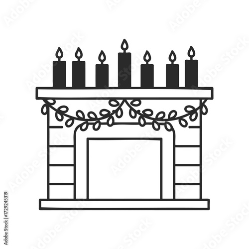 Black and white fireplace with lit candles and garland design