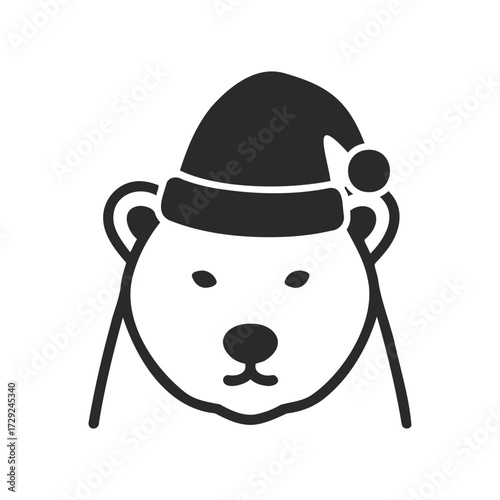 Bear wearing santa hat icon in black and white