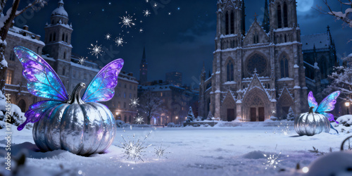 Whimsical Winter Night Scene Featuring Glistening Pumpkins With Blue and Purple Butterfly Wings Before Cathedral