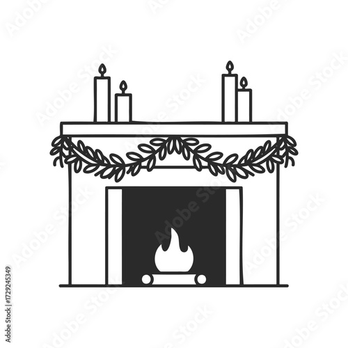 Cozy fireplace with candles and garland line art illustration
