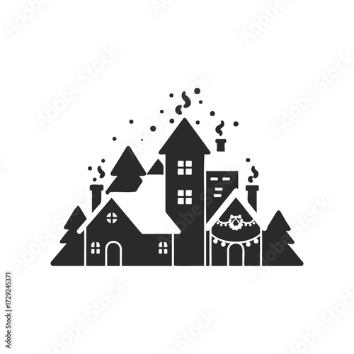 Silhouetted winter village with snow-covered houses and pine trees